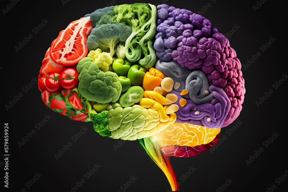 Brain made from healthy food, fruits and vegetables. Concept of healthy living and a strong mindset.